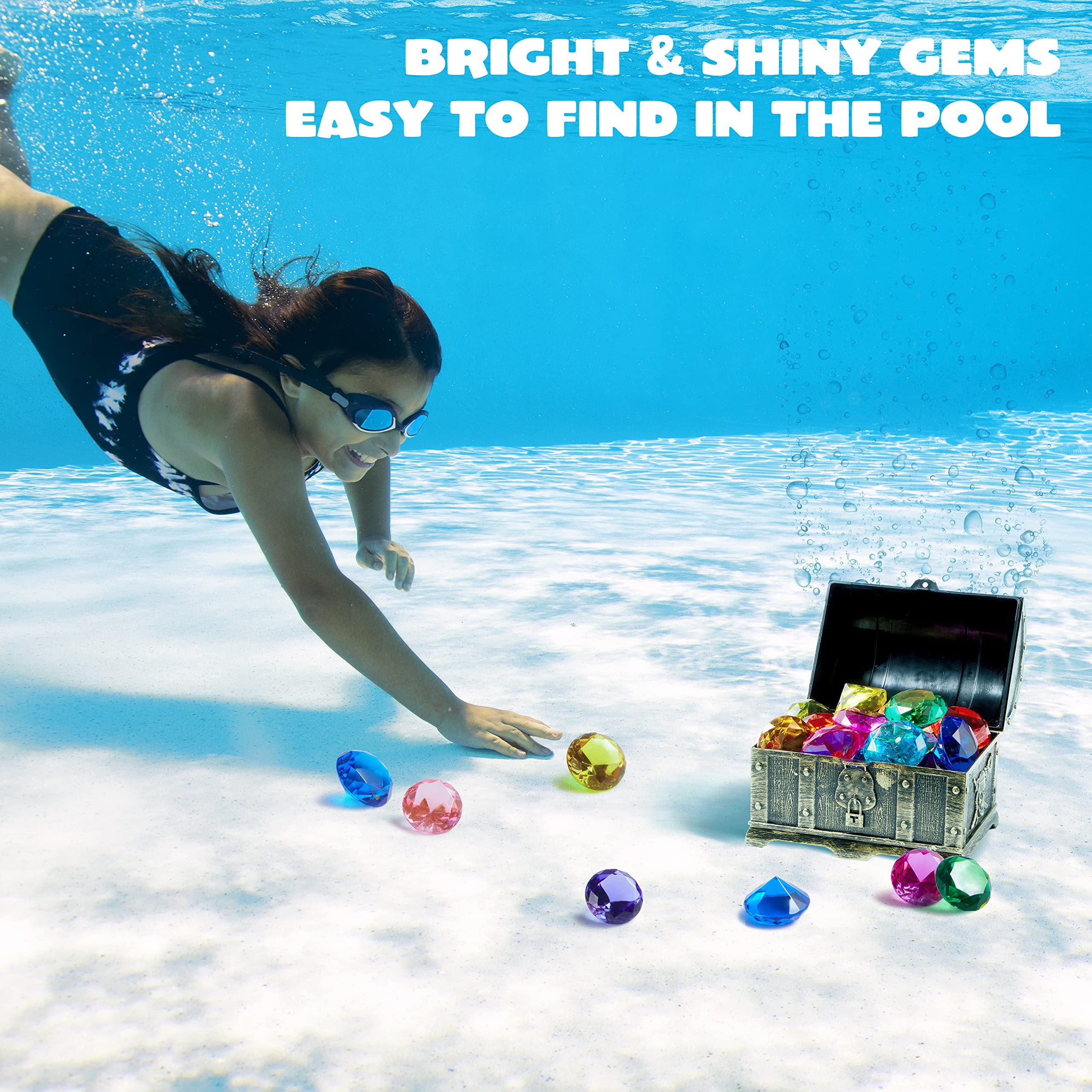 Sloosh Diving Gems Pool Toys,16 Big Colorful Diamonds with Pirate Treasure Chest,Swim Dive Diving Toy