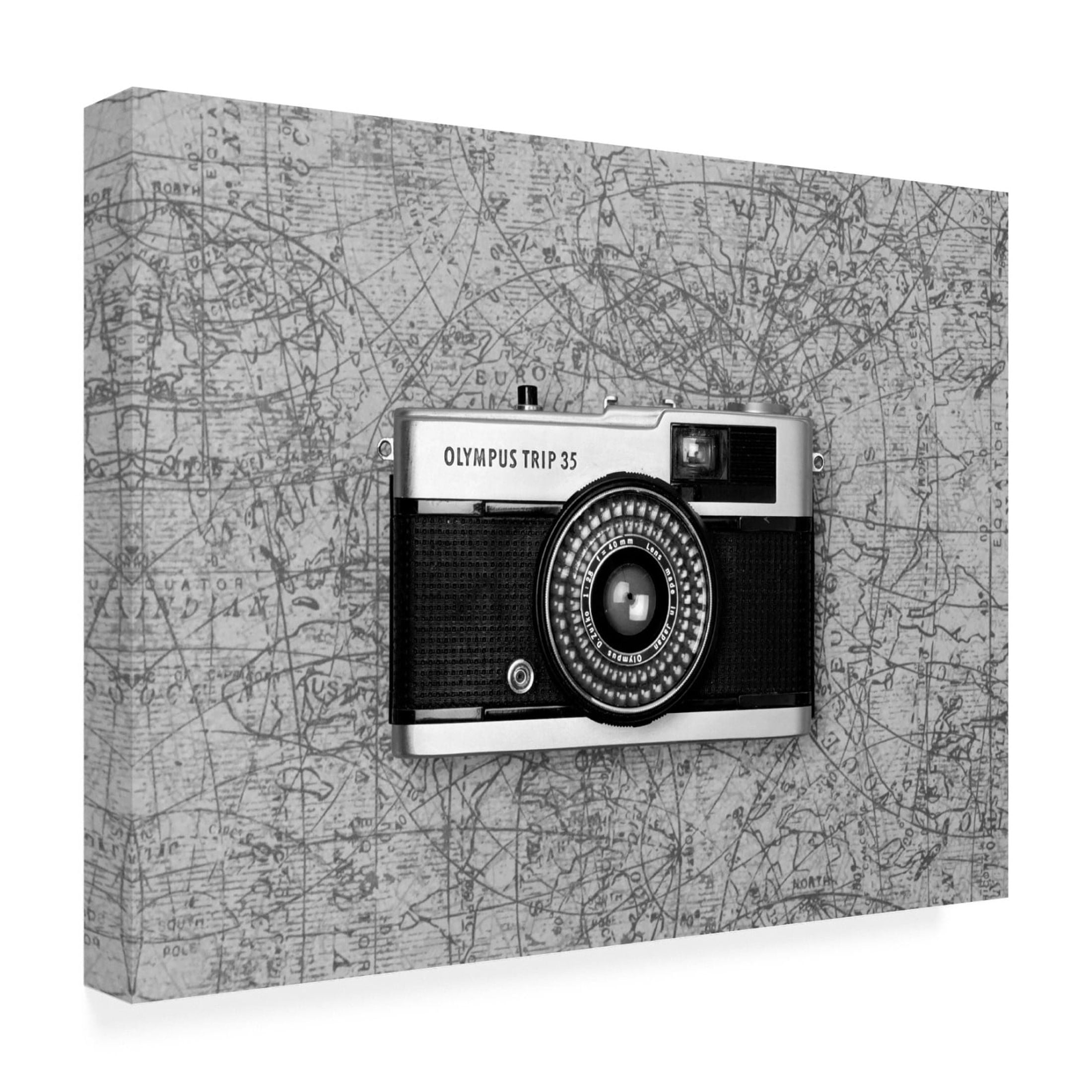 Canvas Wall Art - Tom Quartermaine 'Black and White Camera on Map' Wall Art for Living Room, Bedroom, or Office Décor by Trademark Fine Art - 24 x 18 Inches