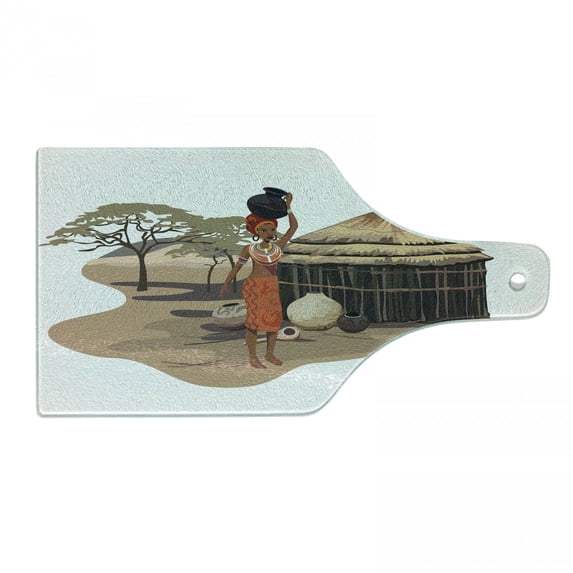 African Cutting Board, Native Woman Carrying a Pot Hut Tree Natural Landscape Village Illustration, Decorative Tempered Glass Cutting and Serving Board, Wine Bottle Shape, Multicolor, by Ambesonne
