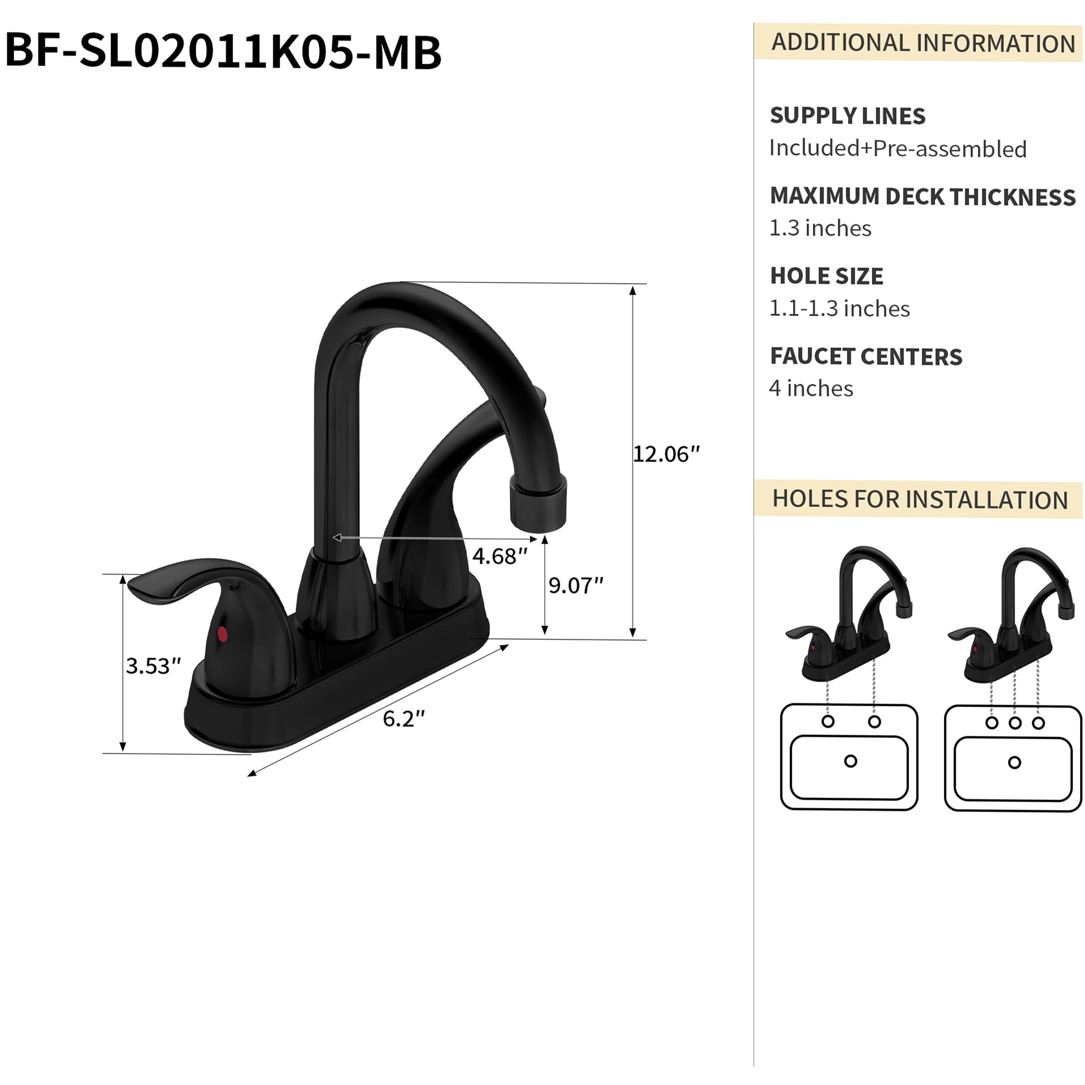 JERFIT 2 or 3 Hole Bathroom Sink Faucet Matt Black, 12.06" Centerset Vanity Faucet with 360° Swivel Spout, CUPC Certified Low Flow Waterfall Bath Faucet