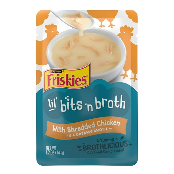 Purina Friskies Lickable Cat Treats Lil' Bits ‘n Broth with Shredded Chicken in a Dreamy Broth Cat Food Toppers, 1.2 oz Pouches (16 Pack)