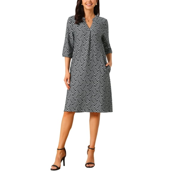 Women's Fall Dresses Casual 3/4 Sleeve V Neck Zigzag Print Loose Knee Length Dress with Pockets S Black