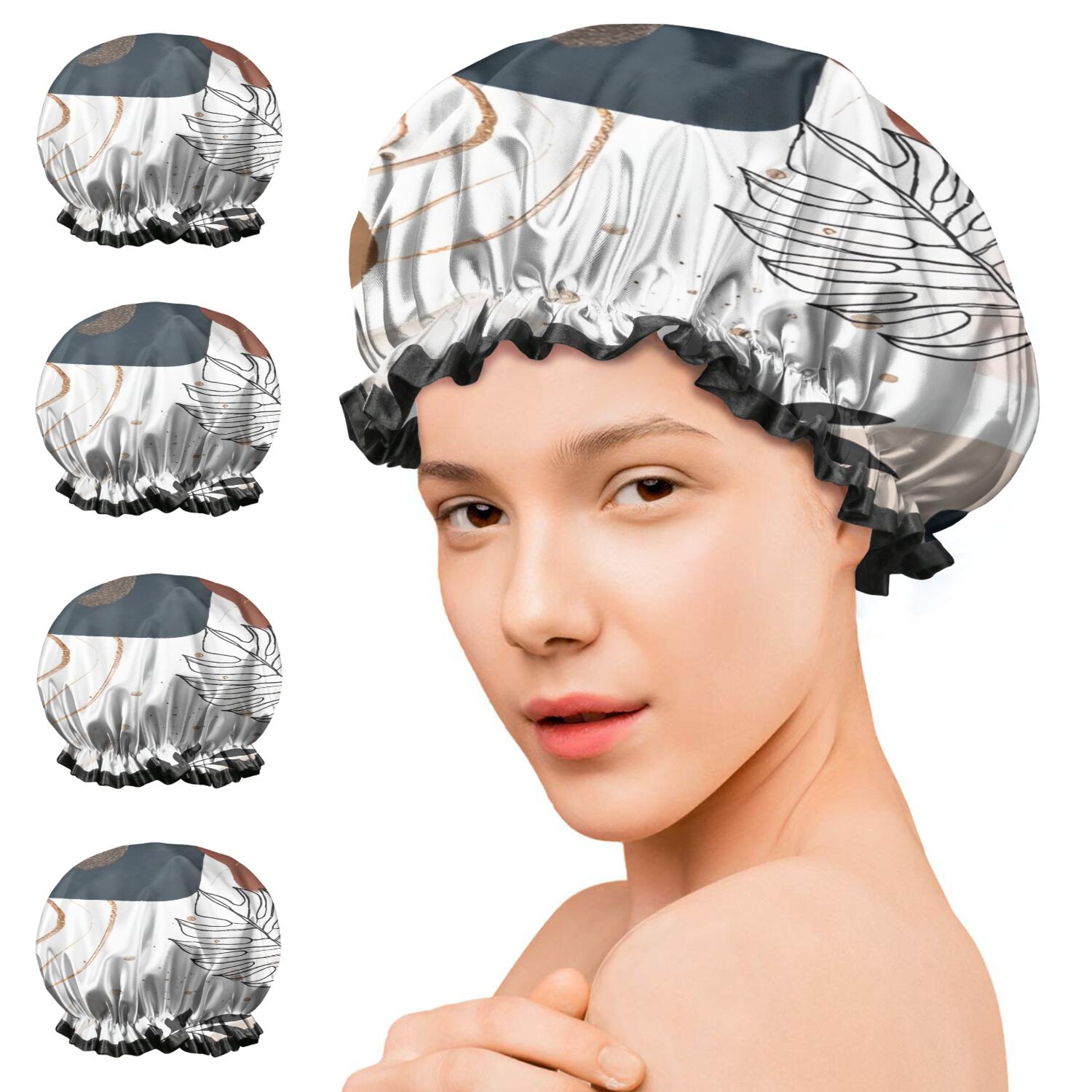 Shower Caps,Blue Boho Abstract and Plant Pattern Waterproof Shower Cap for Women 4 Pieces,Double Reusable Hair Cover for Shower PEVA Elastic Stretch Hem
