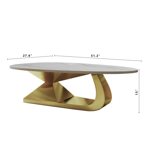 51.2-Inch Modern Oval Marble Coffee Table with Sturdy Gold Stainless Steel Base - Elevate Your Living Room with Style & Luxury, Scratch-Resistant & Easy Assembly.