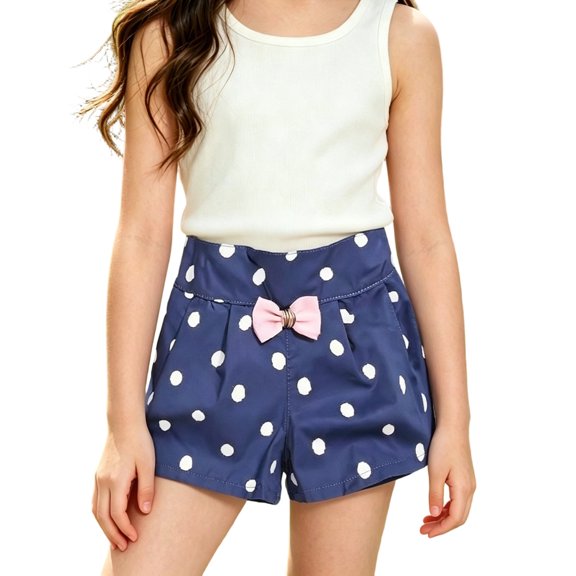 Girls Front Bow Pleated Printed Shorts Elastic Back Waist Multi Pattern Lightweight Loose Kids Summer Casual Shorts(Navy2,11-12 Years)