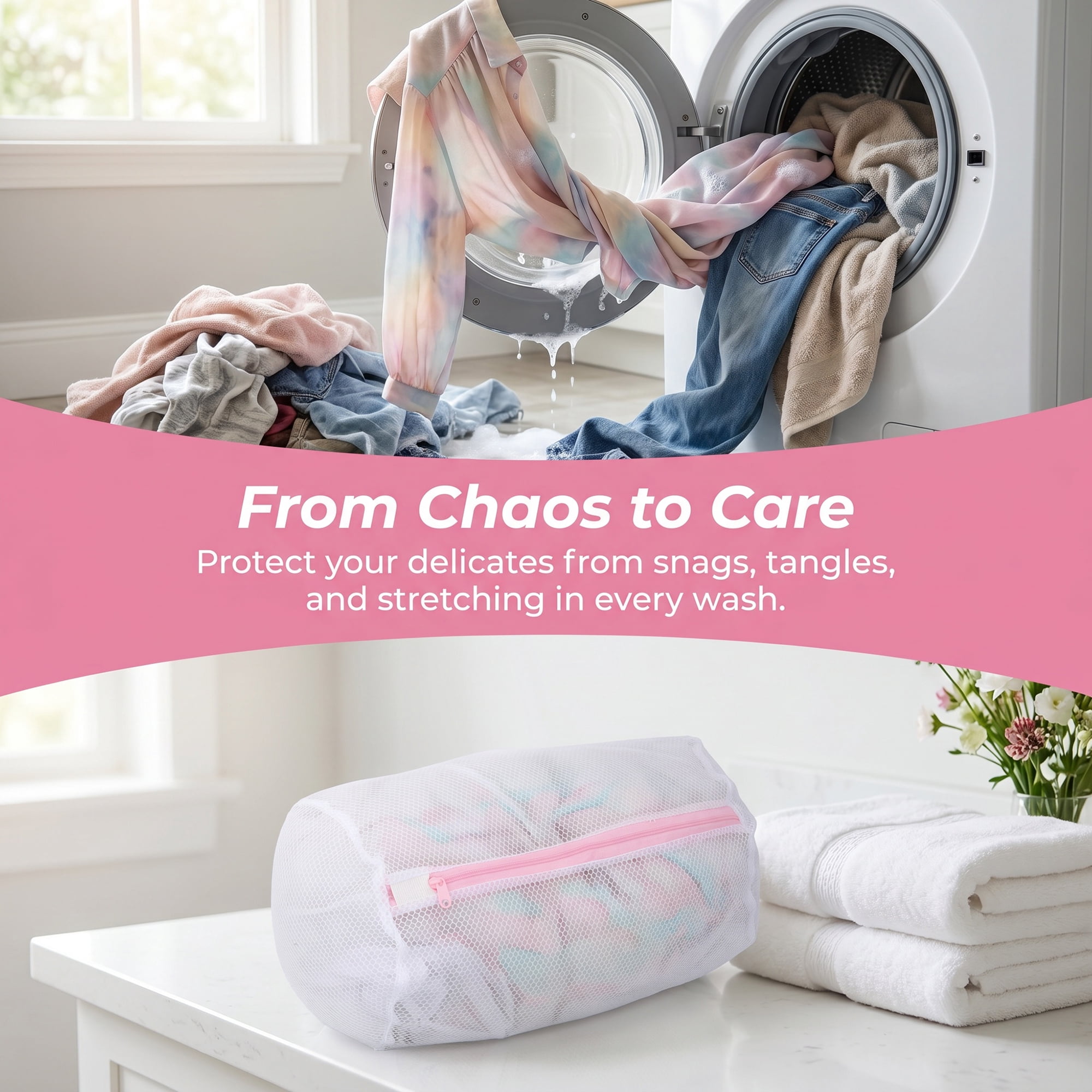 Unique Bargains 3Pcs Durable Mesh Zipper Closure Laundry Bags White-Pink B 7.9" x 11.8"