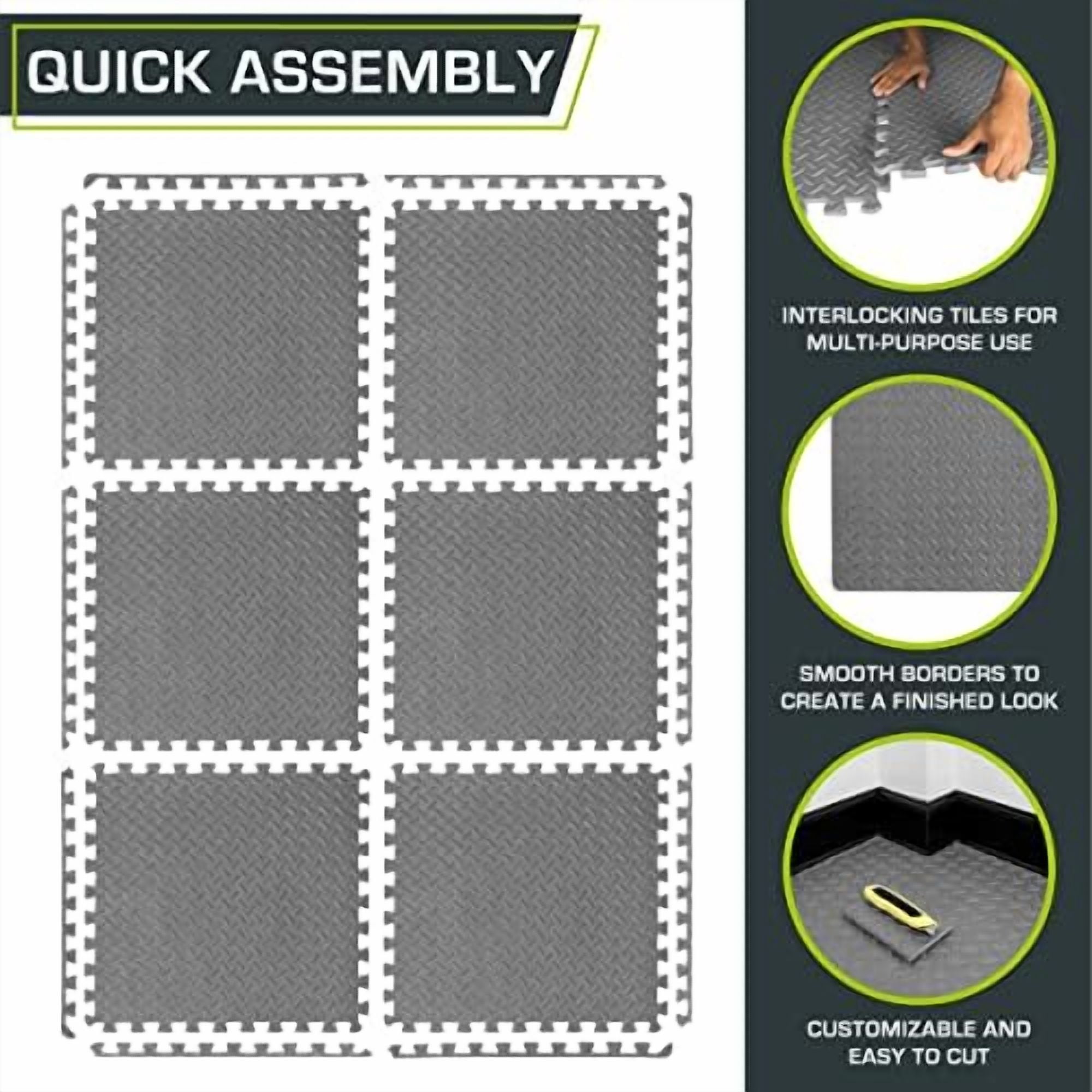 Puzzle Exercise Mat ½ in, EVA Interlocking Foam Floor Tiles for Home Gym, Mat for Home Workout Equipment, Floor Padding for Kids, Grey, 24 in x 24 in x ½ in, 24 Sq Ft - 6 Tiles