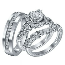 Round Cut White Trio Wedding Ring Set in 925 Sterling silver - Bridal Engagement Ring set - His & Her Ring