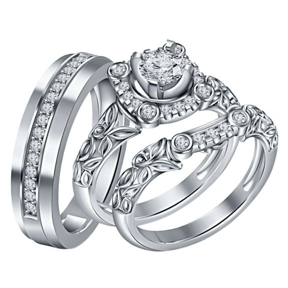Round Cut White Trio Wedding Ring Set in 925 Sterling silver - Bridal Engagement Ring set - His & Her Ring
