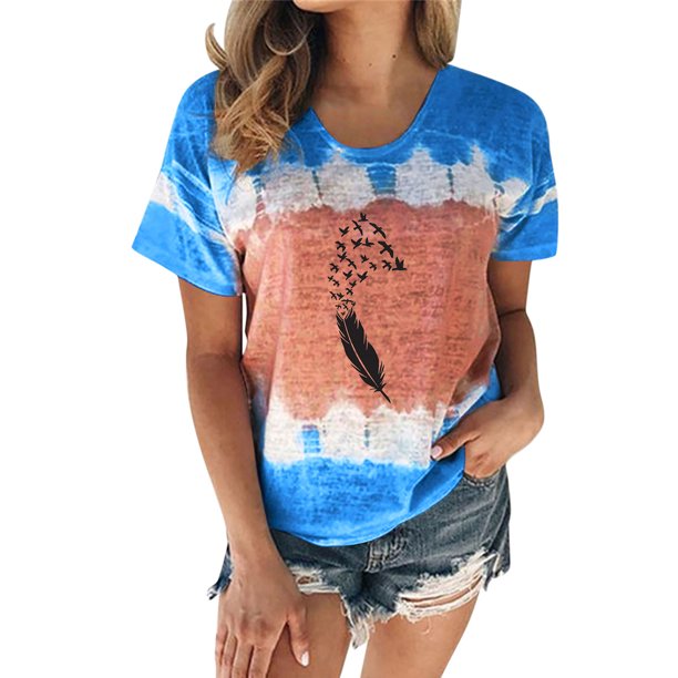 Gibobby Playera de Manga Corta con Cuello Redondo Blusa manga corta con cuello redondo y estampado plumas a la informal para mujer(Azul,CH)