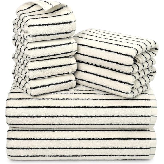 8-Piece Black and Ivory Cotton Towel Set with 2 Bath Towels 2 Hand Towels and 4 Washcloths