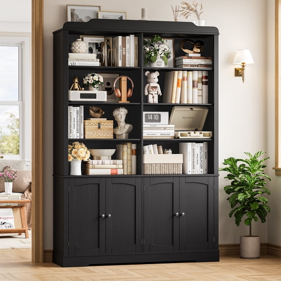 Homfa 73'' Tall Bookcase with 4 Doors, 6-Tier 8 Cubes Display Bookshelf, Double Row Bookcase with Adjustable Shelves for Living Room Home Office, Black