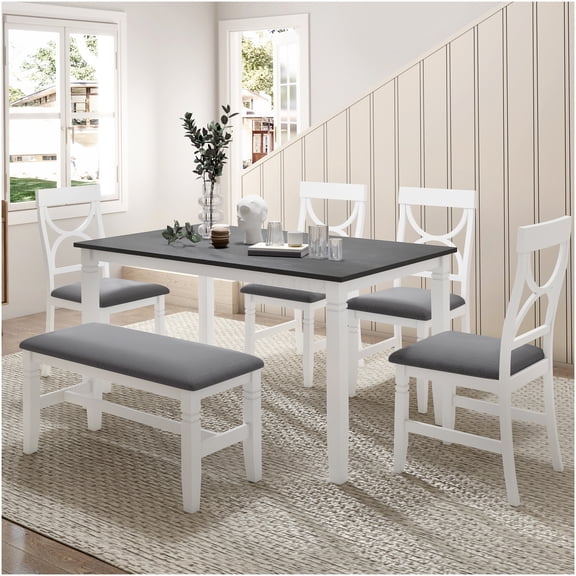 6-Piece Farmhouse Dining Set with Table, 4 Upholstered Chairs, and Bench, White and Gray Solid Wood Kitchen Table Set