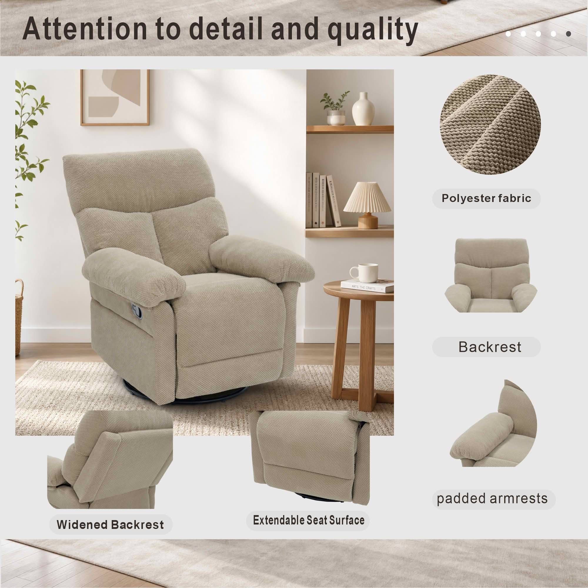 MAYEERTY 41 In Swivel Rocker Recliner, 360 Degree Manual Glider, Overstuffed, Camel, 300 lb