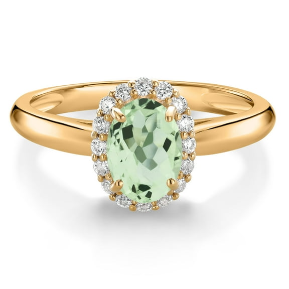 Gem Stone King 10K Yellow Gold Green Prasiolite and White Lab Grown Diamond Halo Engagement Ring for Women (0.88 Cttw, Gemstone, Oval 7X5MM, Size 6)
