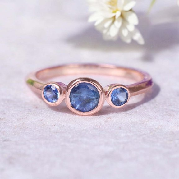 Natural Blue Topaz Ring 14k Solid Gold Promise Ring Bezel Set Three Stone Women Jewelry November Birthstone Gift Rings