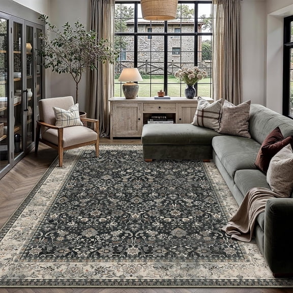 XIBUFE 8X10 Black Beige Vintage Floral Washable Area Rug for Living Room|Low Pile,Non Slip,Retro Style,Soft Distressed Large Area Rug for Living Room,Bedroom,Dining Room,Office,Home Decor