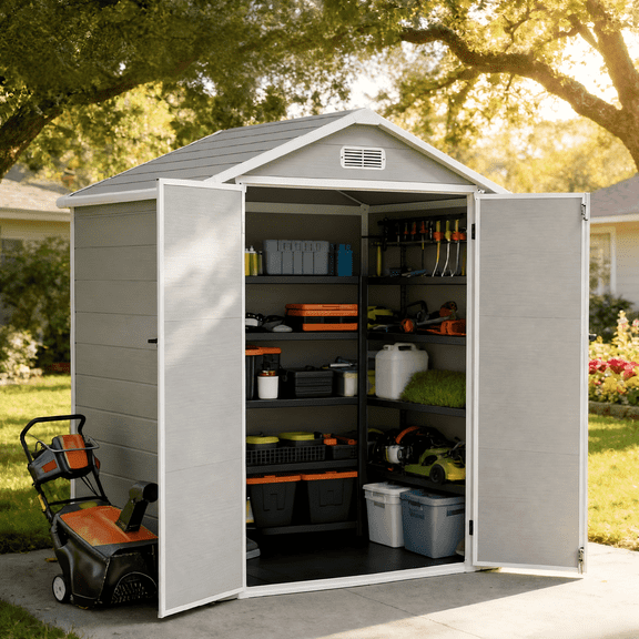 Asofer 6x4 ft Resin Outdoor Storage Shed with Built-in Floor, Lockable Double Doors & Louvered Vents, All-Weather Waterproof UV Resistant HDPE Plastic Tool Shed for Backyard Patio, Gray