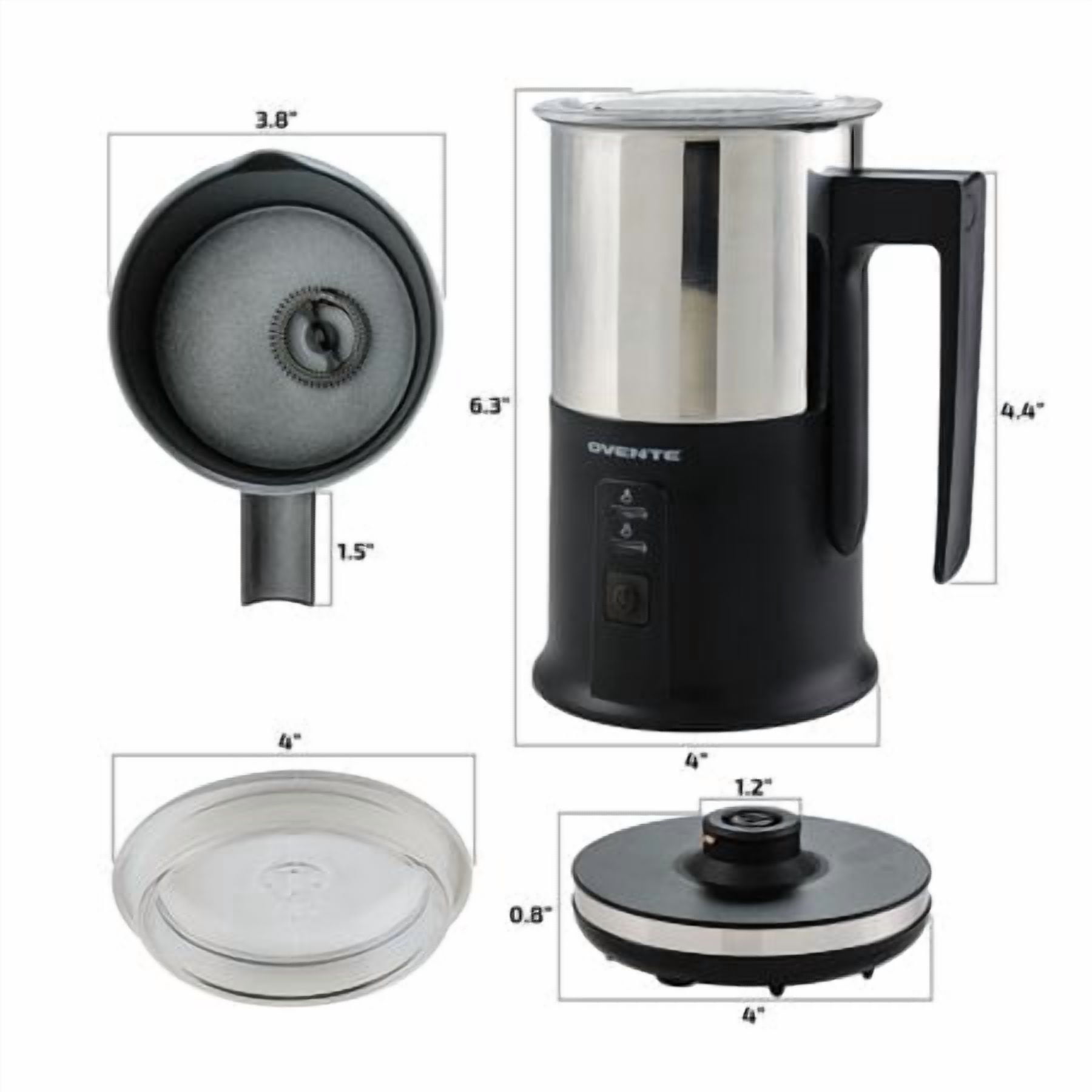 OVENTE Electric Milk Frother & Warmer, Hot & Cold Foam Maker, Auto Shutoff, Silent Operation, for Coffee, Latte, Cappuccino & Hot Chocolate, Compact Design, Black, FR1208B