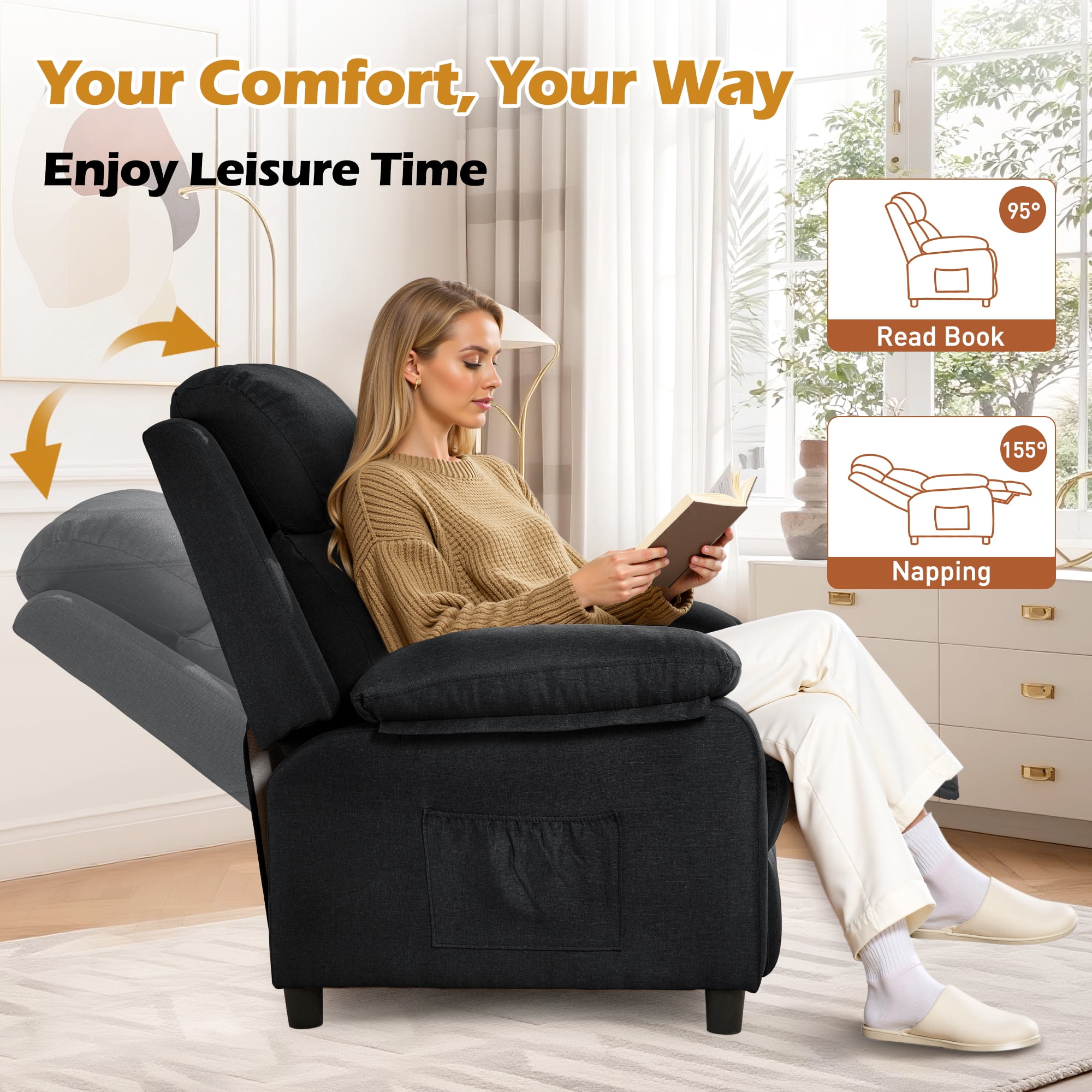 Korser Manual Push Back Recliner Chair with Side Pockets,Recliner Chairs for Adults for Living Room,Small Recliners for Small Spaces,Linen,Black