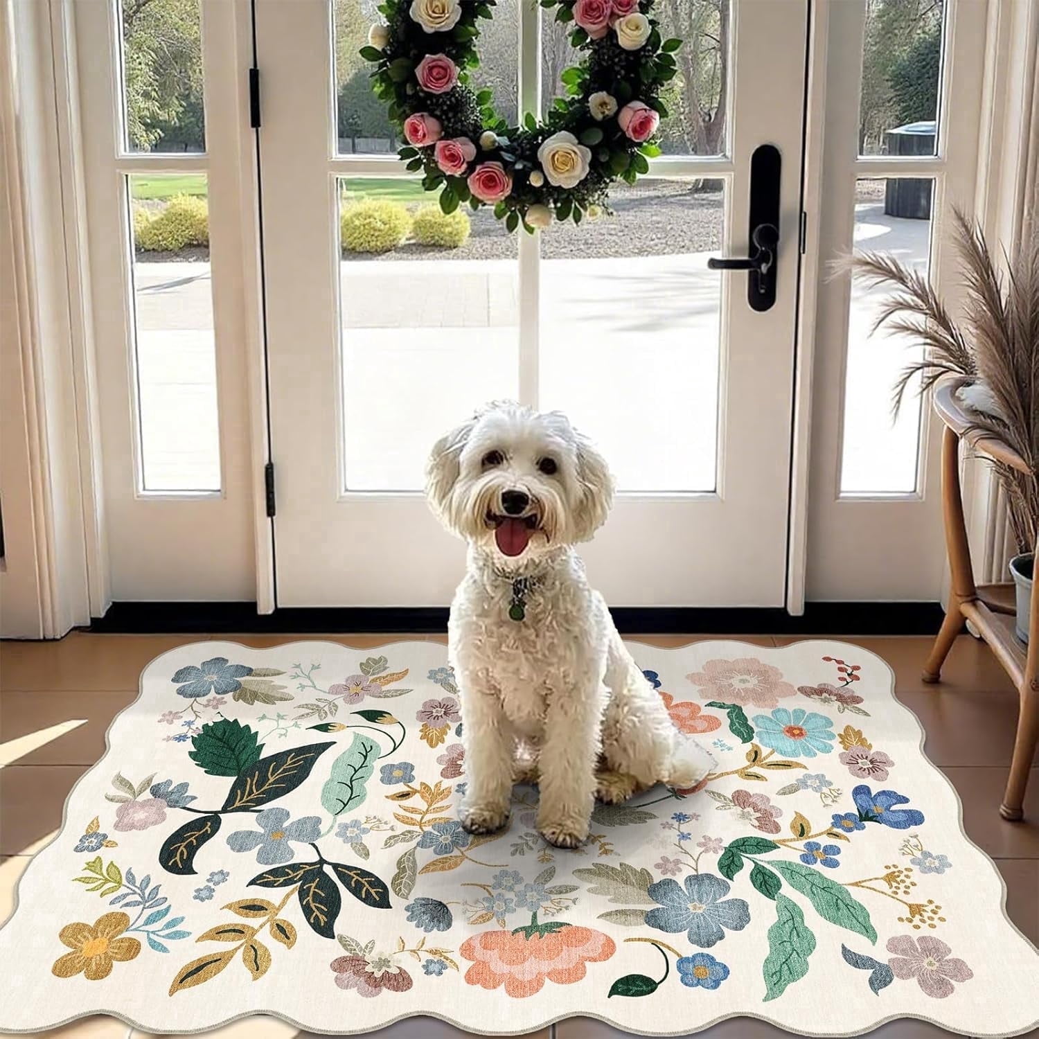 YOUFORTONG 2x3 Washable Floral Area Rug,Non Slip Soft Thin Carpet for Entryway Bathroom Bedroom Farmhouse Dorms,Cream