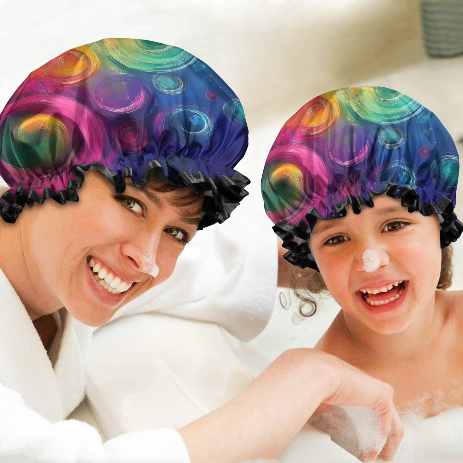 Shower Caps,Colorful Tie Dye Circular Spiral Pattern Waterproof Shower Cap for Women 4 Pieces,Double Reusable Hair Cover for Shower PEVA Elastic Stretch Hem