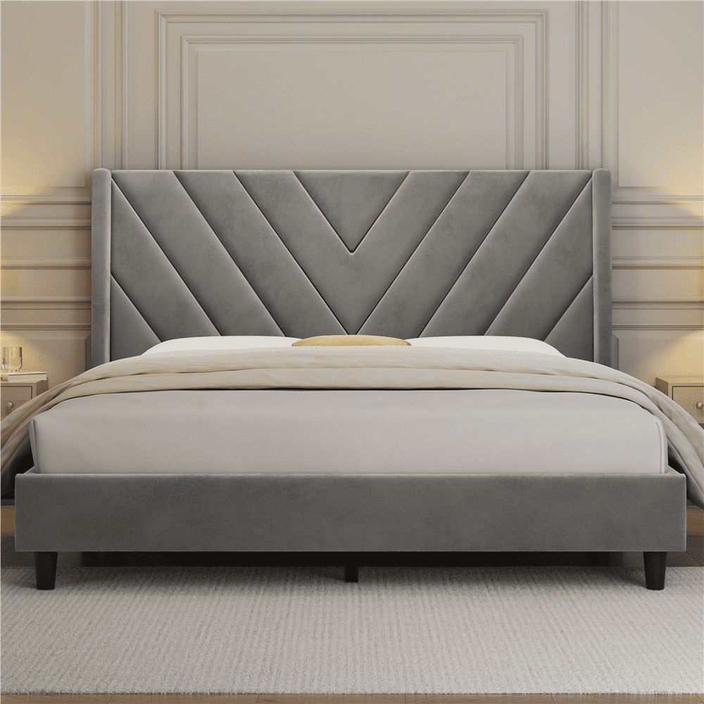 Renwick Queen Size Upholstered Platform Bed Frame with Tufted Headboard, Light Gray, Adult