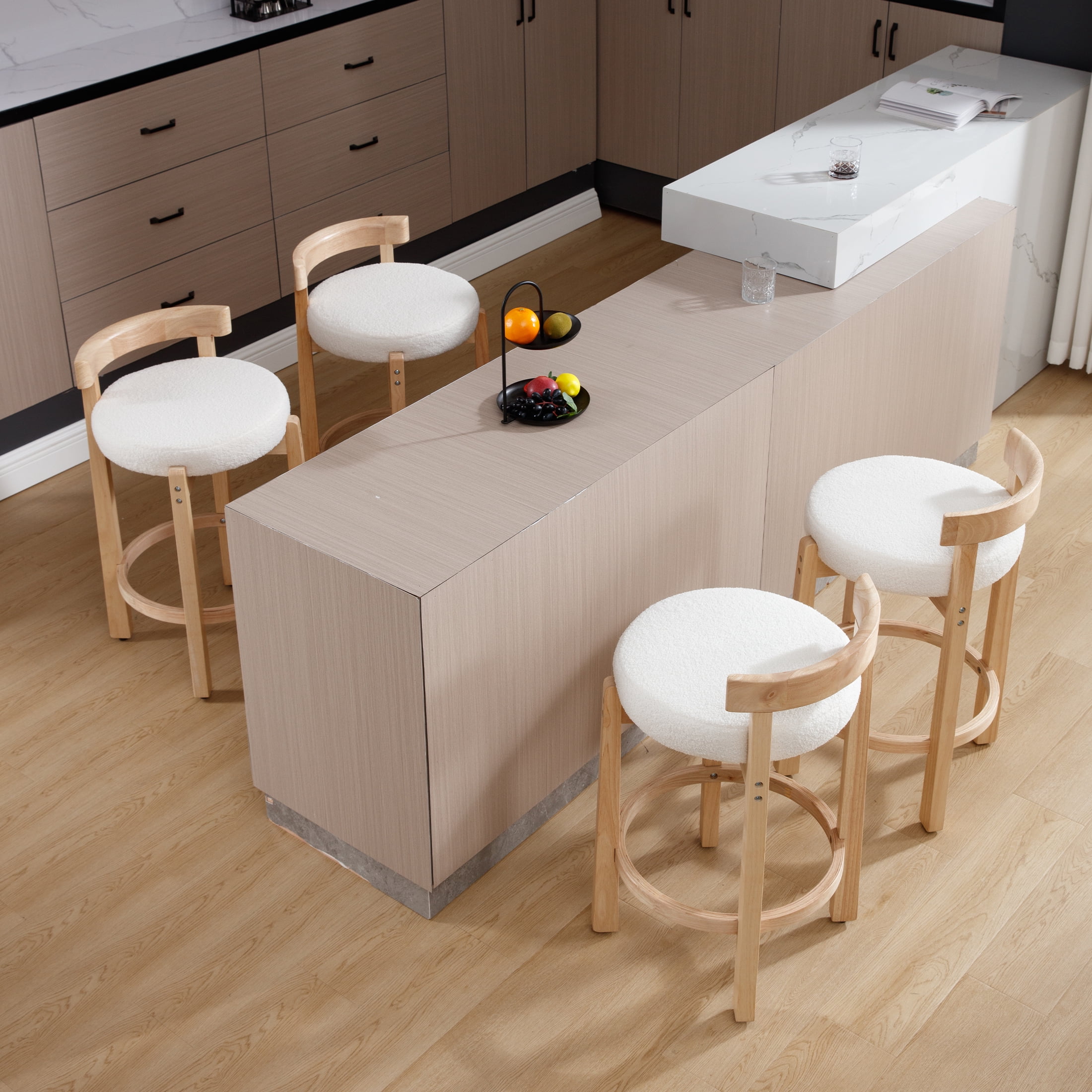 Guyou Counter Height Stools Set of 2, Mid Century Modern 27" Armless Island Bar Stools with Curved Back and Wooden Frame, Round Kitchen Stools with Footrest for Restaurant Bar Kitchen Island, White