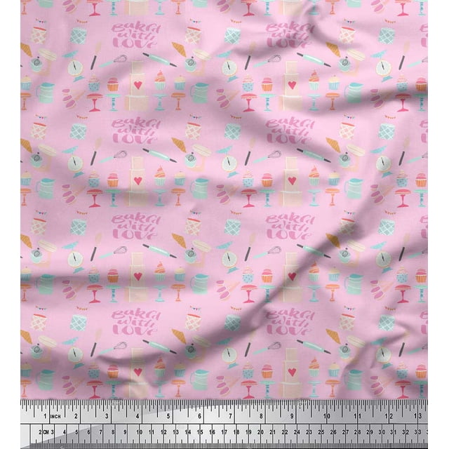 Soimoi Pink Poly Georgette Fabric Cupcake Party Printed Fabric 1 Yard 52 Inch Wide