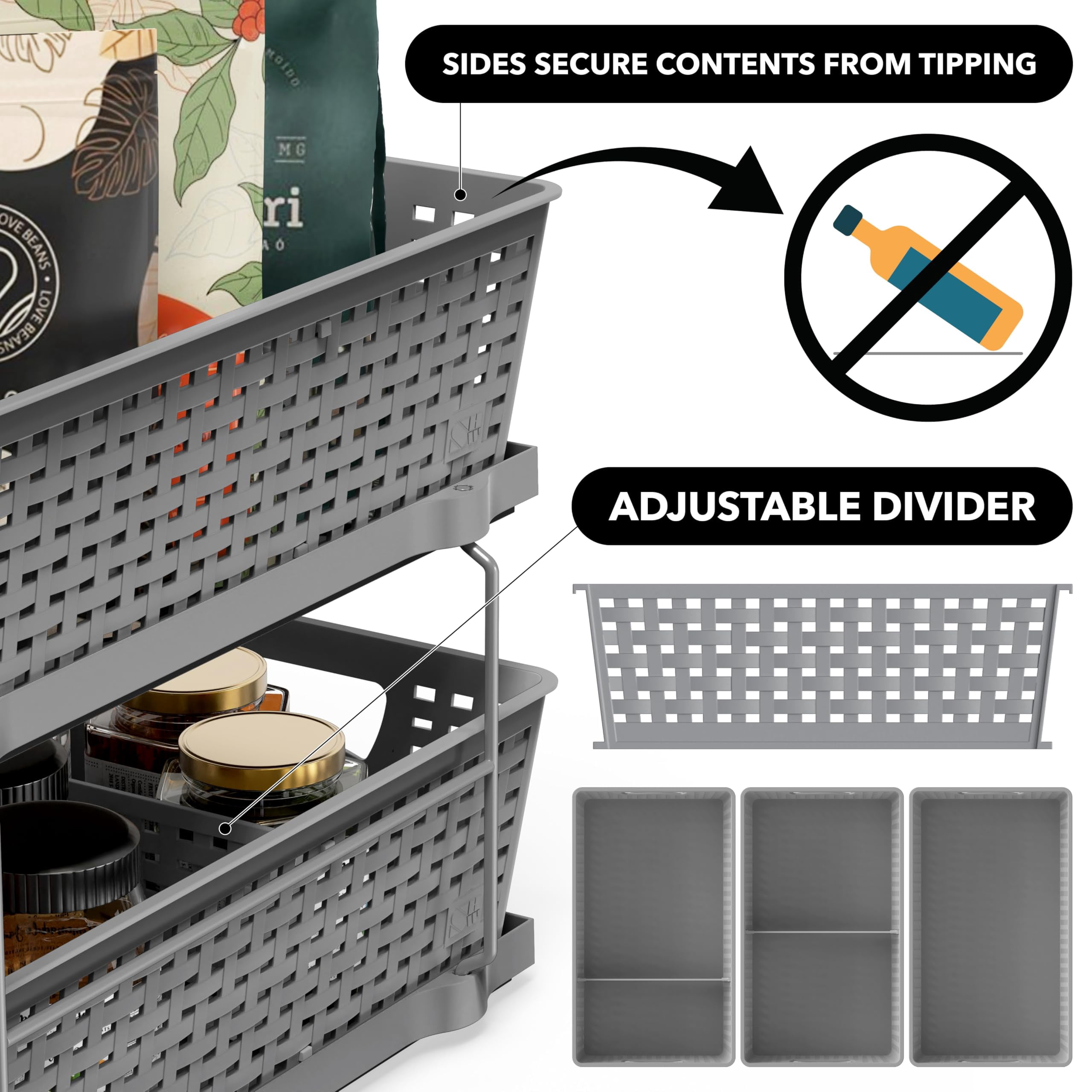 2 Tier Bathroom Organizer Tray Pull-out Sliding Drawer  Under Sink Storage Gray