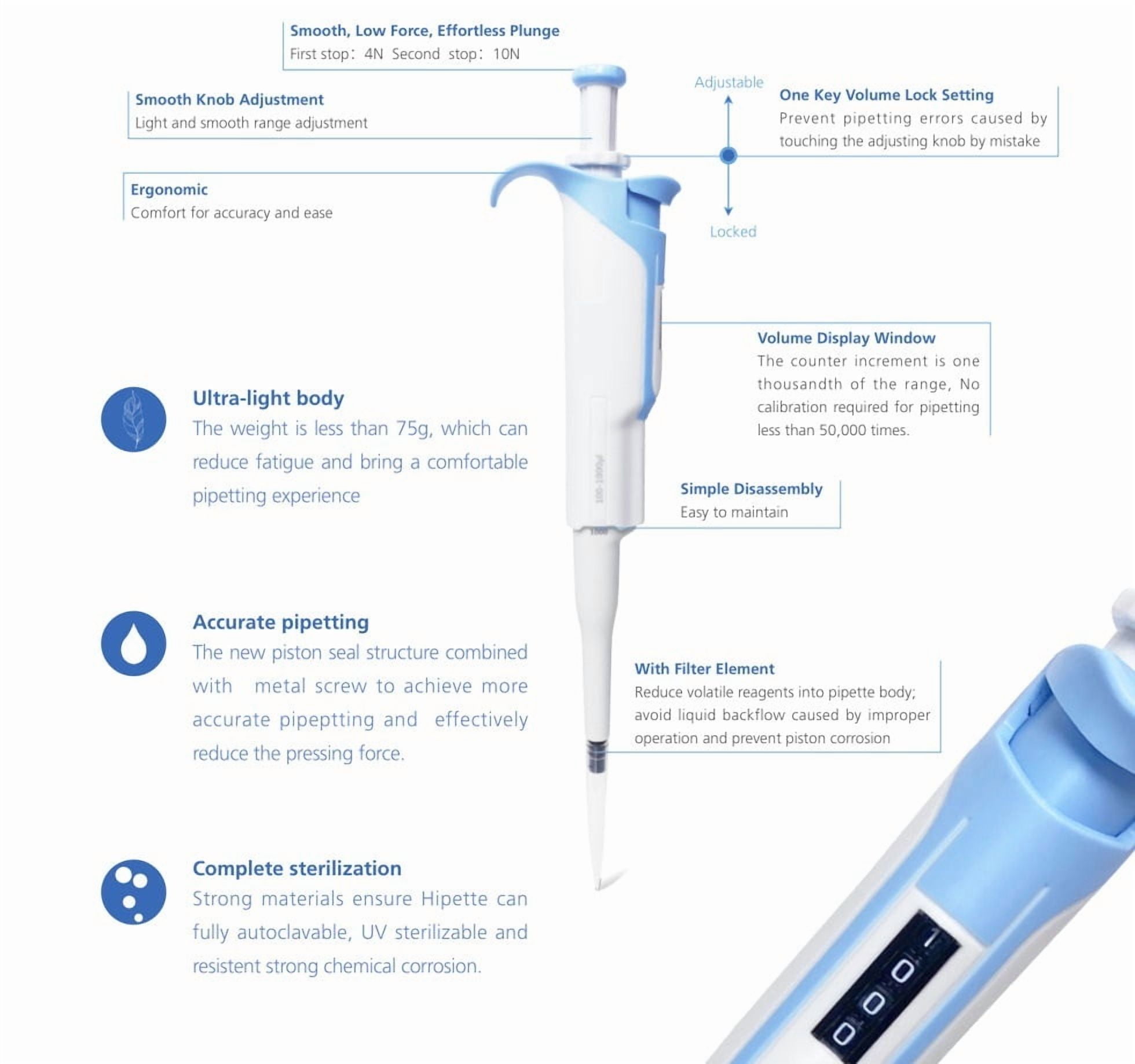 Fully Autoclavable Mechanical Pipette Ultra-light Body Digital Window Single-channel Adjustable MicoPipette , High-Accurate