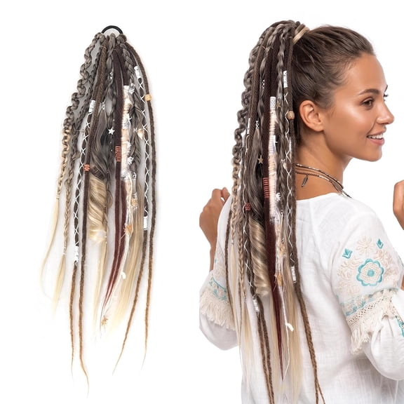 24-Inch Boho Braided Dreadlock Ponytail Hairpiece with Accessories, Elastic Hand-Braided Viking Hair Extension for Cosplay and Festivals