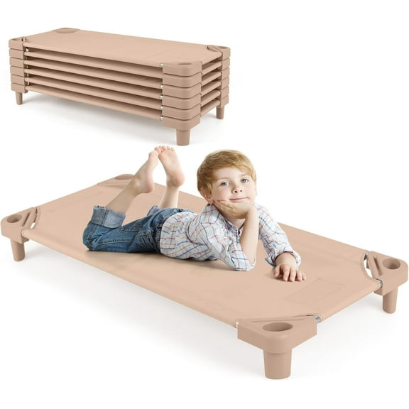 DORTALA Stackable Toddler Daycare Cots, Pack of 6, Stackable Sleeping Nap Cots for Kids w/Easy Lift Corners, Children Preschool Nap Cots for Nursery, Classroom, Naptime, Sand