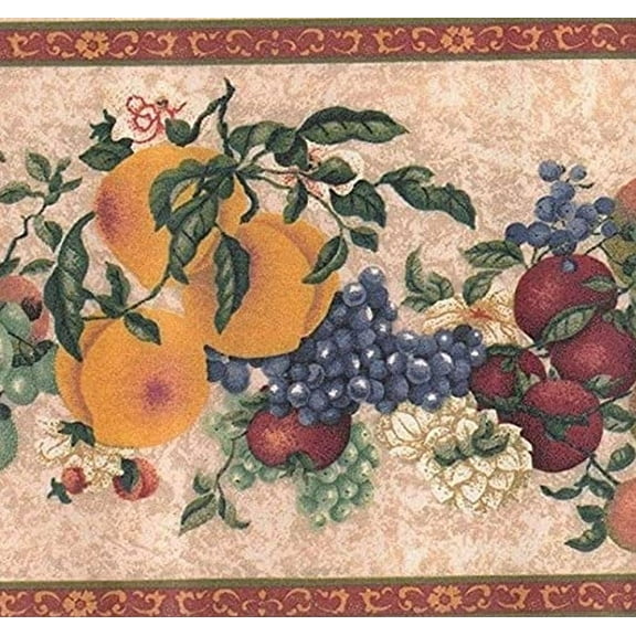 Concord Wallcoverings Wallpaper Border Fruits Pattern Peaches Grapes Apples Flowers for Kitchen, Red Pink Orange Beige Green Yellow, 9 Inches by 15 Feet 74295L