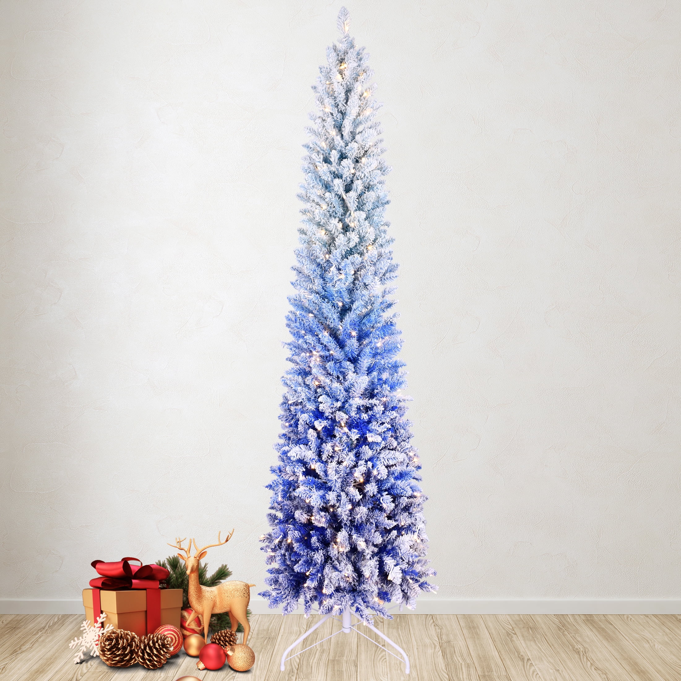 6ft Blue Gradient Flocked Pencil Christmas Tree 725 Tips 300 LED Lights Hinged Branches Metal Stand