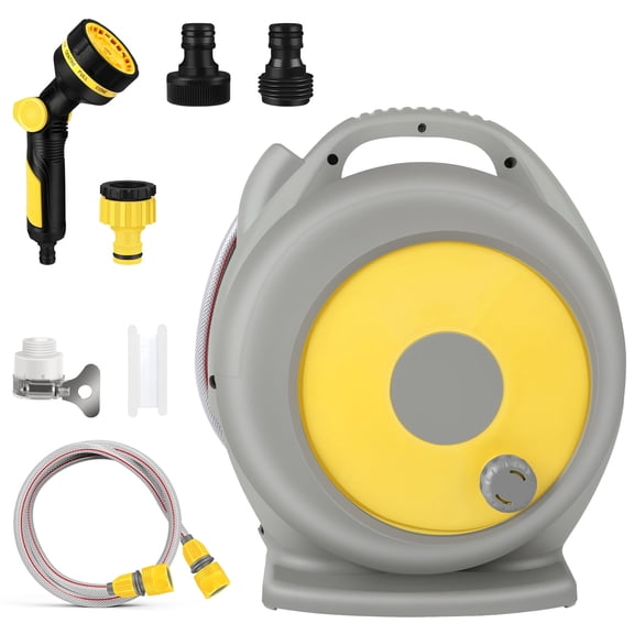 Retractable Garden Hose Reel 66 ft - Mounted Heavy Duty Hose Reel with 3/4 Inch Brass Fittings & 10-Pattern Nozzle - Rewind System, Any Length Lock