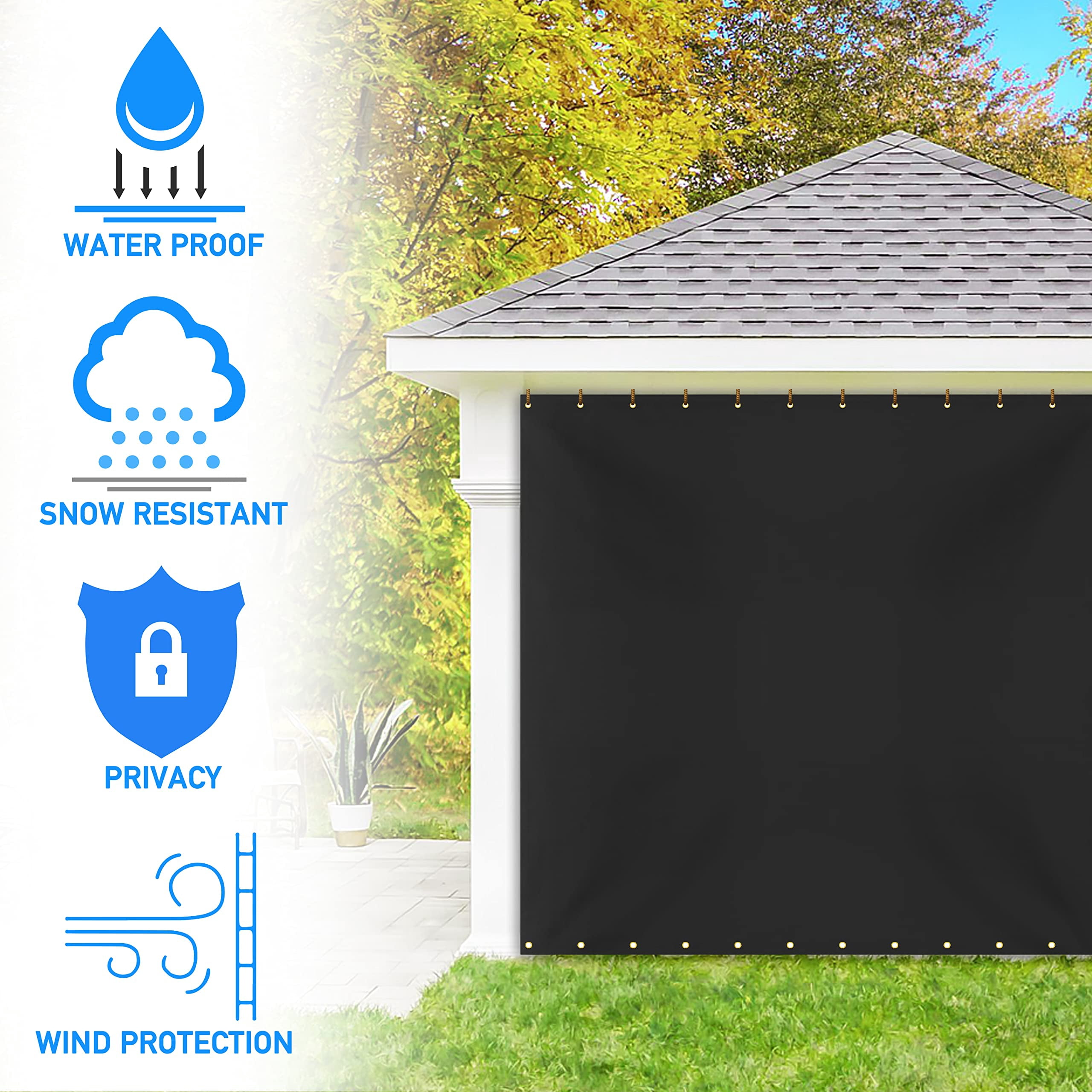 COVERS&ALL Outdoor Vinyl Curtain for Patio Furniture 12 Oz, Weather Resistant Patio Blackout Drapes for Dining Room Window with Rustproof Grommets for Pergola, Porch, Gazebos (10' H x 9' W, Black)