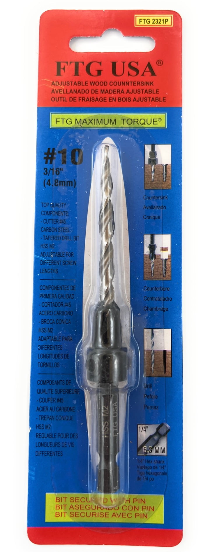 FTG USA Countersink Drill Bit 10(3/16") HSS Tapered Drill Bit