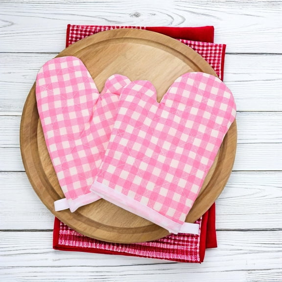 WHAMVOX 2 Pair Heat Resistant Kids Oven Mitts Cute Plaid Kitchen Gloves for Baking and Microwave Use