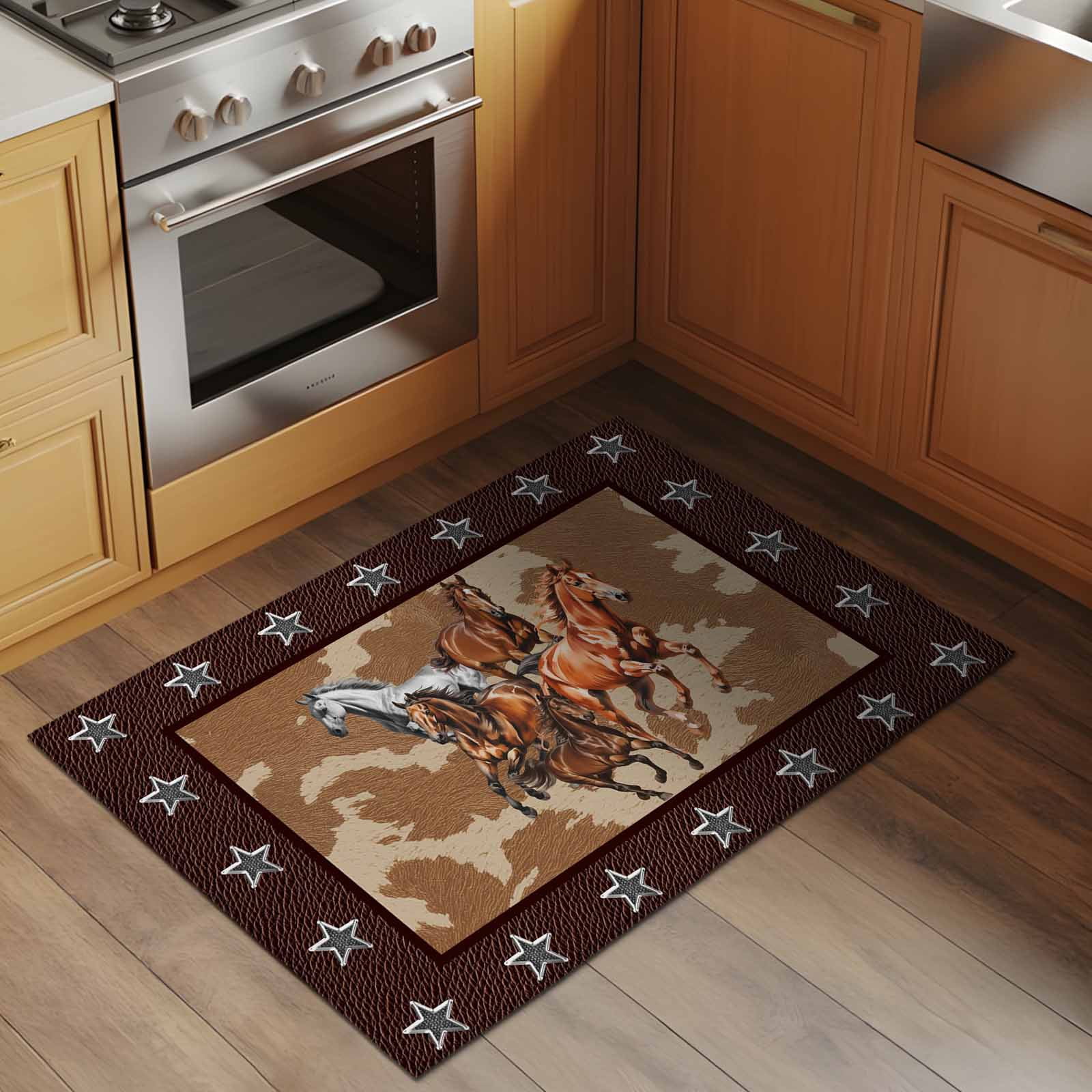 Brown Retro Horse Entryway Rug 2'x3'&nbsp; Non Slip Front Door Mats, Vintage Western Stars Country Entrance Rugs Indoor Outdoor Carpet, Washable Floor Mats Small Area Rug for Bedroom Kitchen