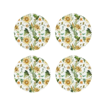 

Fuzoiu Watercolor Bright Sunflowers Print Leather Coasters Set Drink Coasters Set of 4 for Tabletop Protection Durable PVC Coasters Home Décor and Housewarming Gift-Round Shape