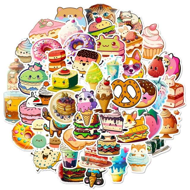 Paquete de pegatinas Kawaii Cat Donut Food, 50 unidades, vinilo con dibujos animados