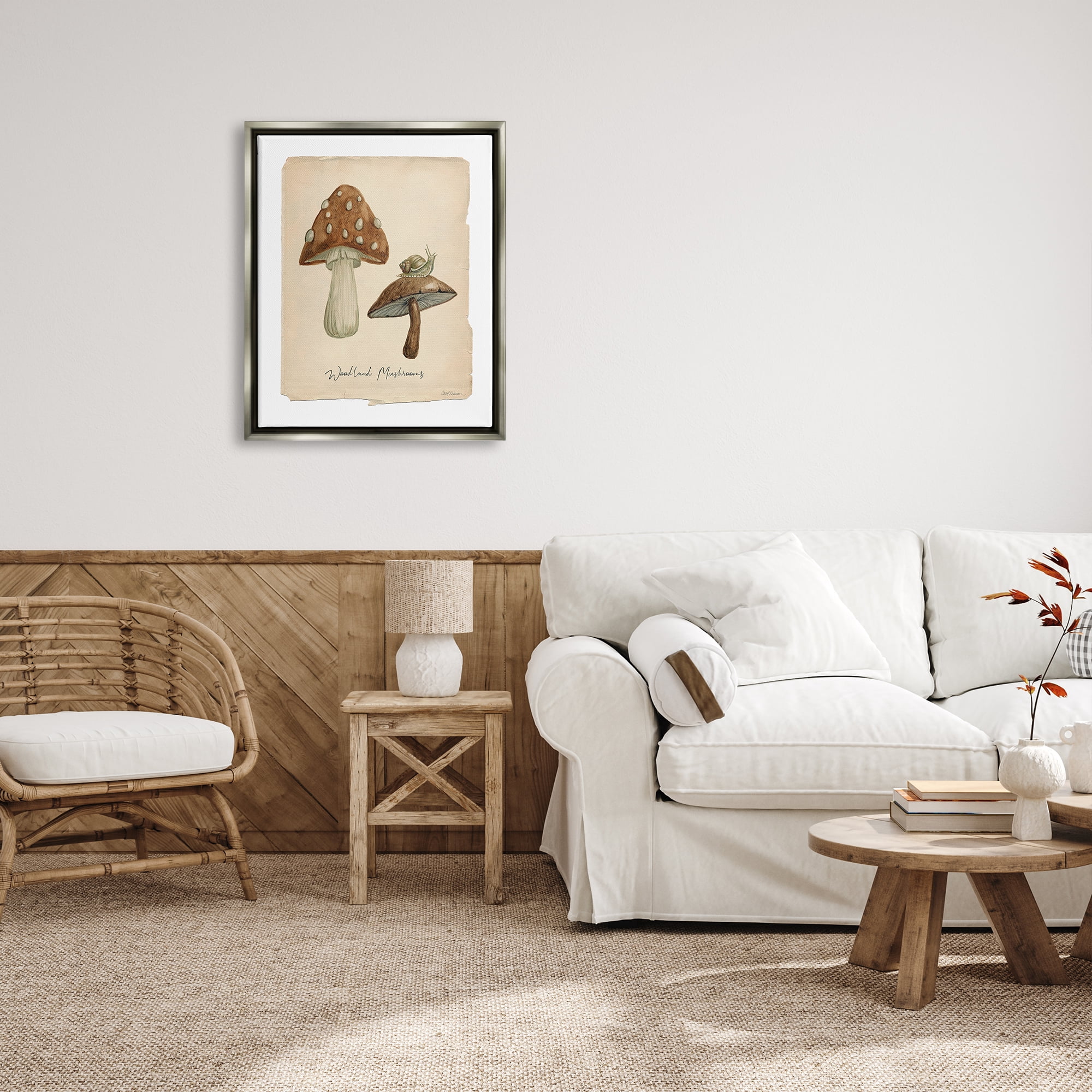 Stupell Industries Woodland Mushrooms & Snail Botanical & Floral Painting Gray Floater Framed Canvas Art Print Wall Art, 25 x 31