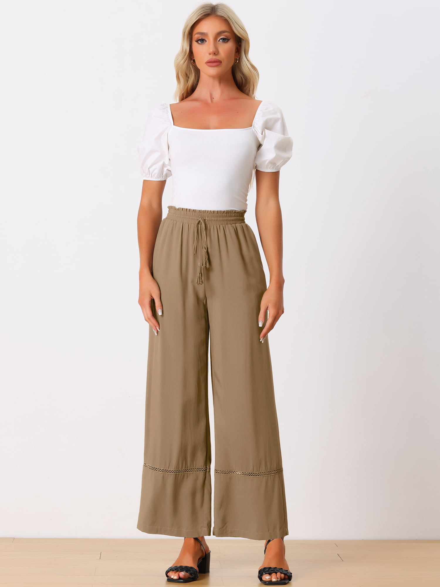 DARING DIVA Women's Loose Drawstring Wide Leg Palazzo Trousers S Brown