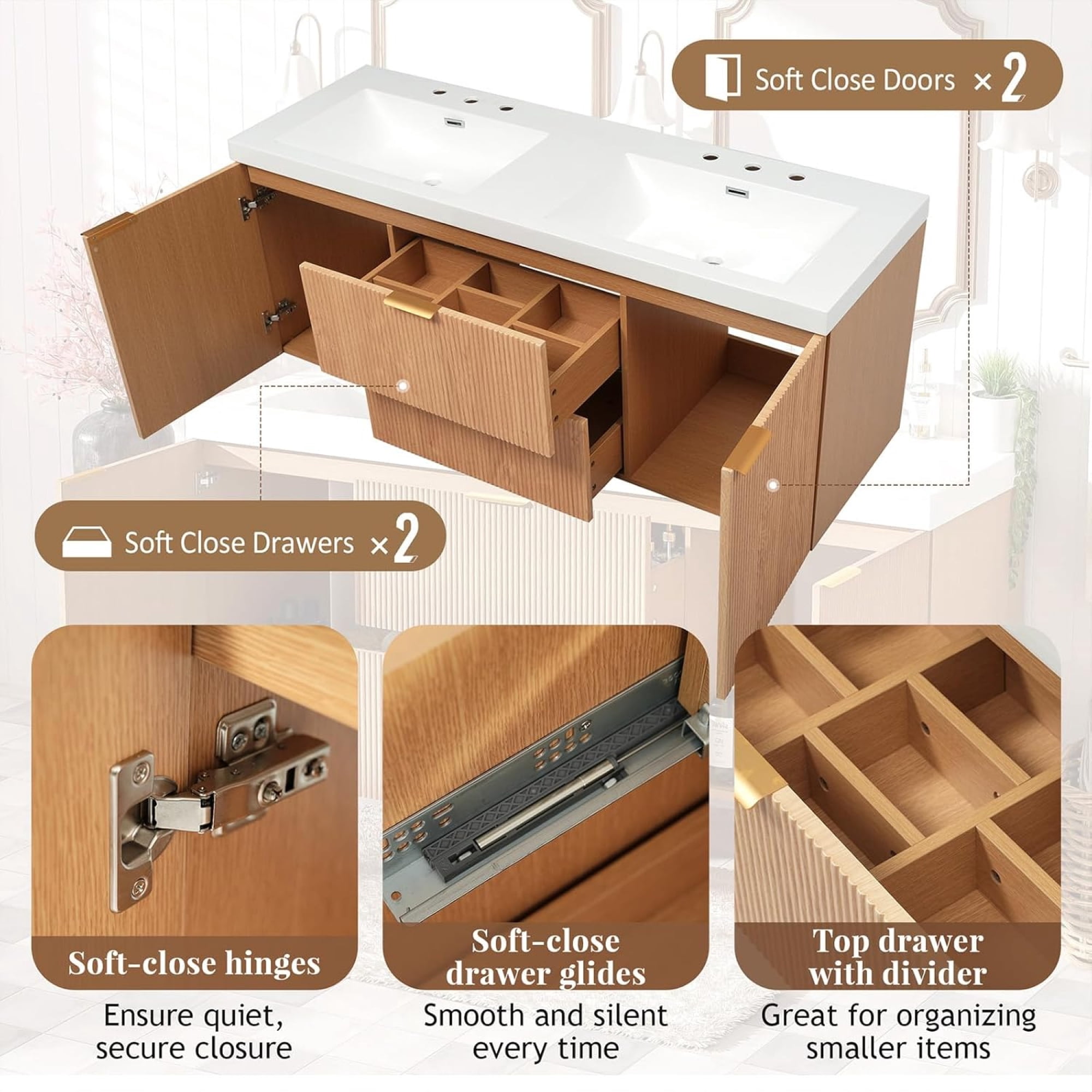 60" Bathroom Vanity with Sink Combo, Floating Double Sink Bathroom Vanity with 4 Drawer, MDF Storage Cabinet with SMC Resin Top, Wall-Mounted Bathroom Vanities (60''-Wood)