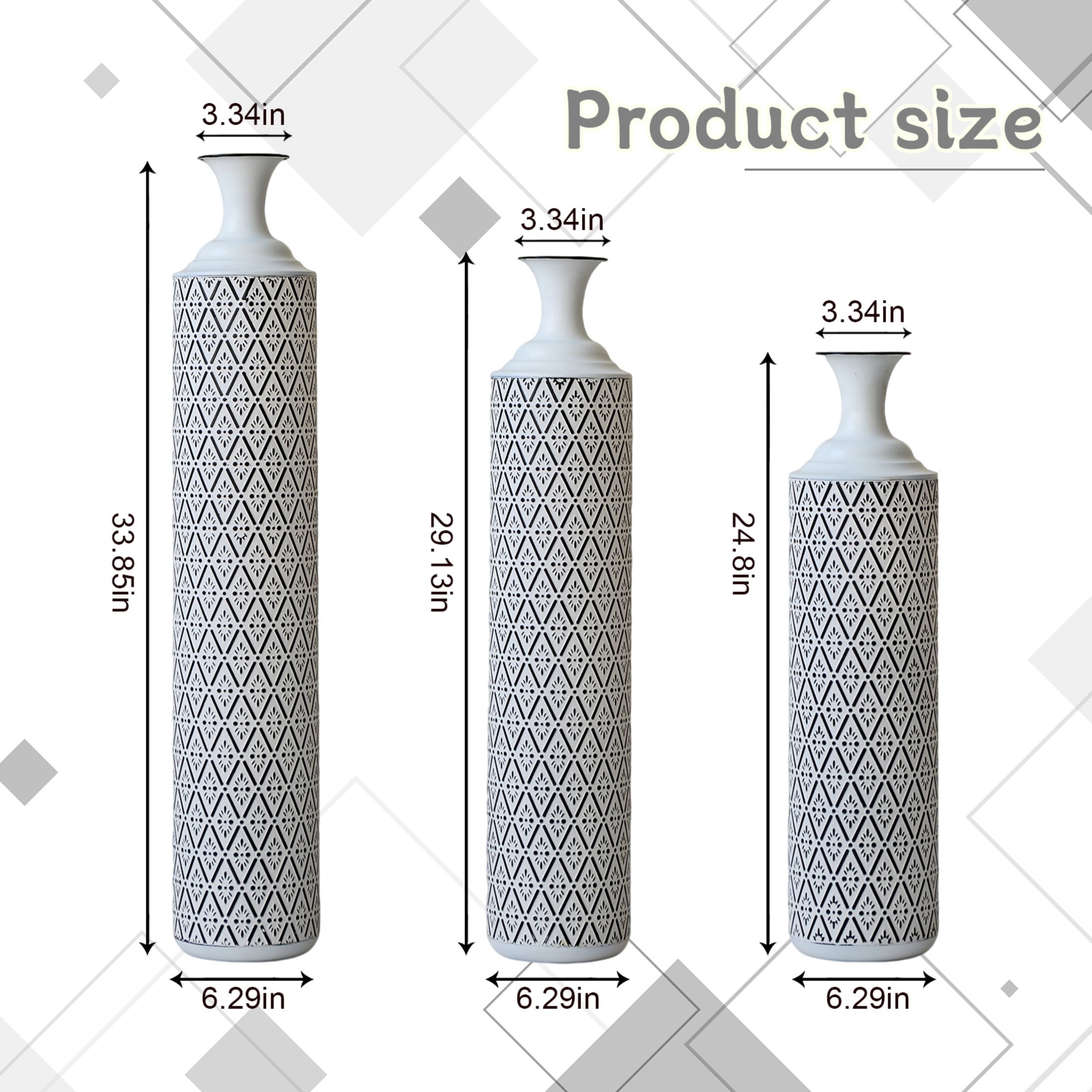 Noble House 33.85", 29.13", 24.8" Metal Floor Vase Set of 3, Geometric Pattern, White+Black