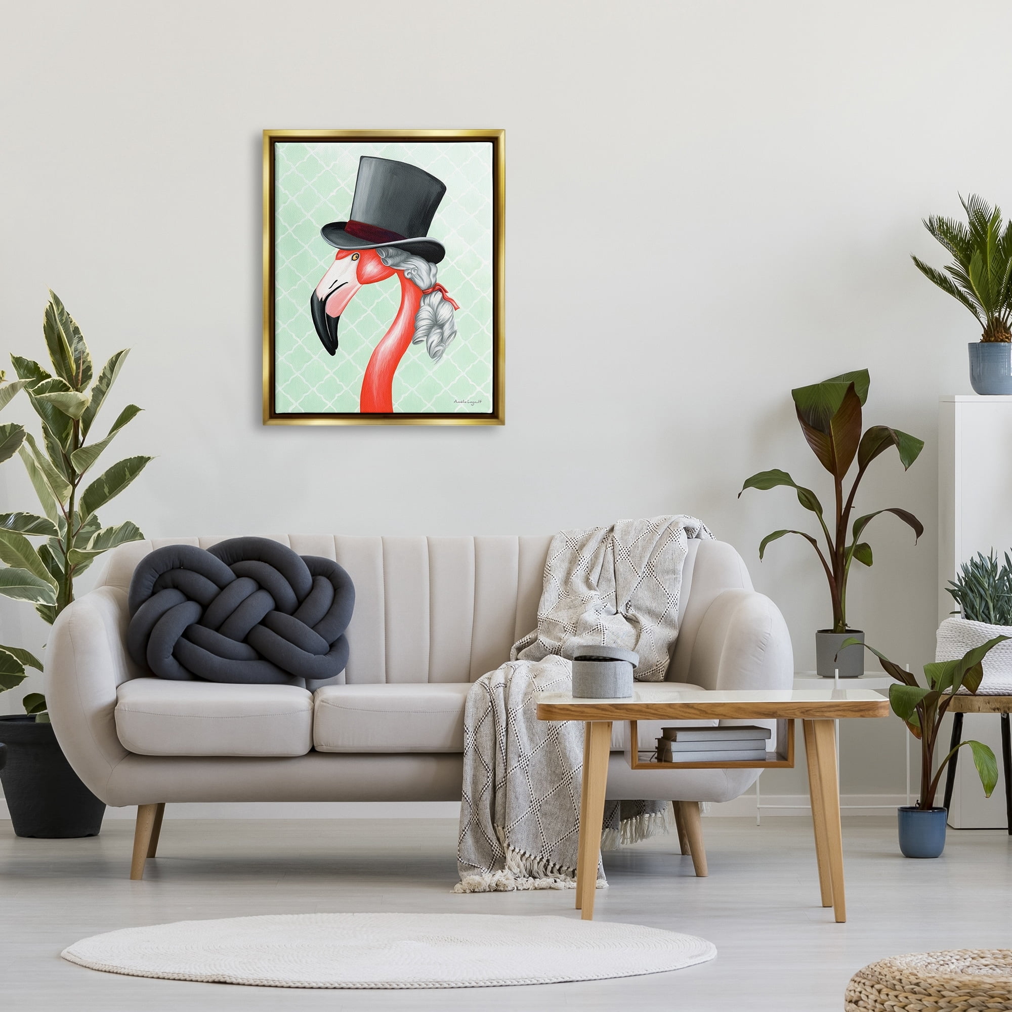 Stupell Industries Flamingo Old-Fashioned Hair Top Hat Patterned Squares Graphic Art Metallic Gold Floating Framed Canvas Print Wall Art, Design by Amelie Legault