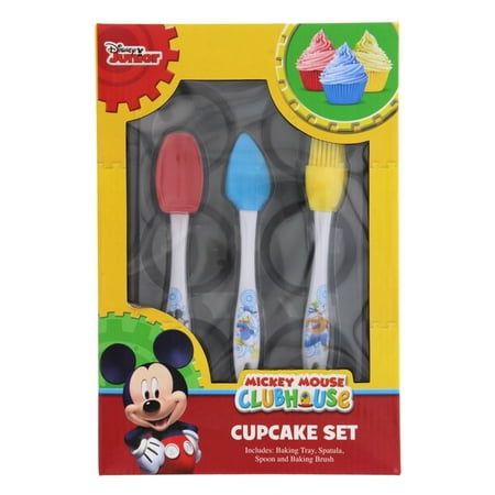 Kids Disney Jr Mickey Mouse Clubhouse Bakeware, 4-Pc. Cupcake Set w/ Supplies: Baking Tray, Spatula, Spoon, Baking