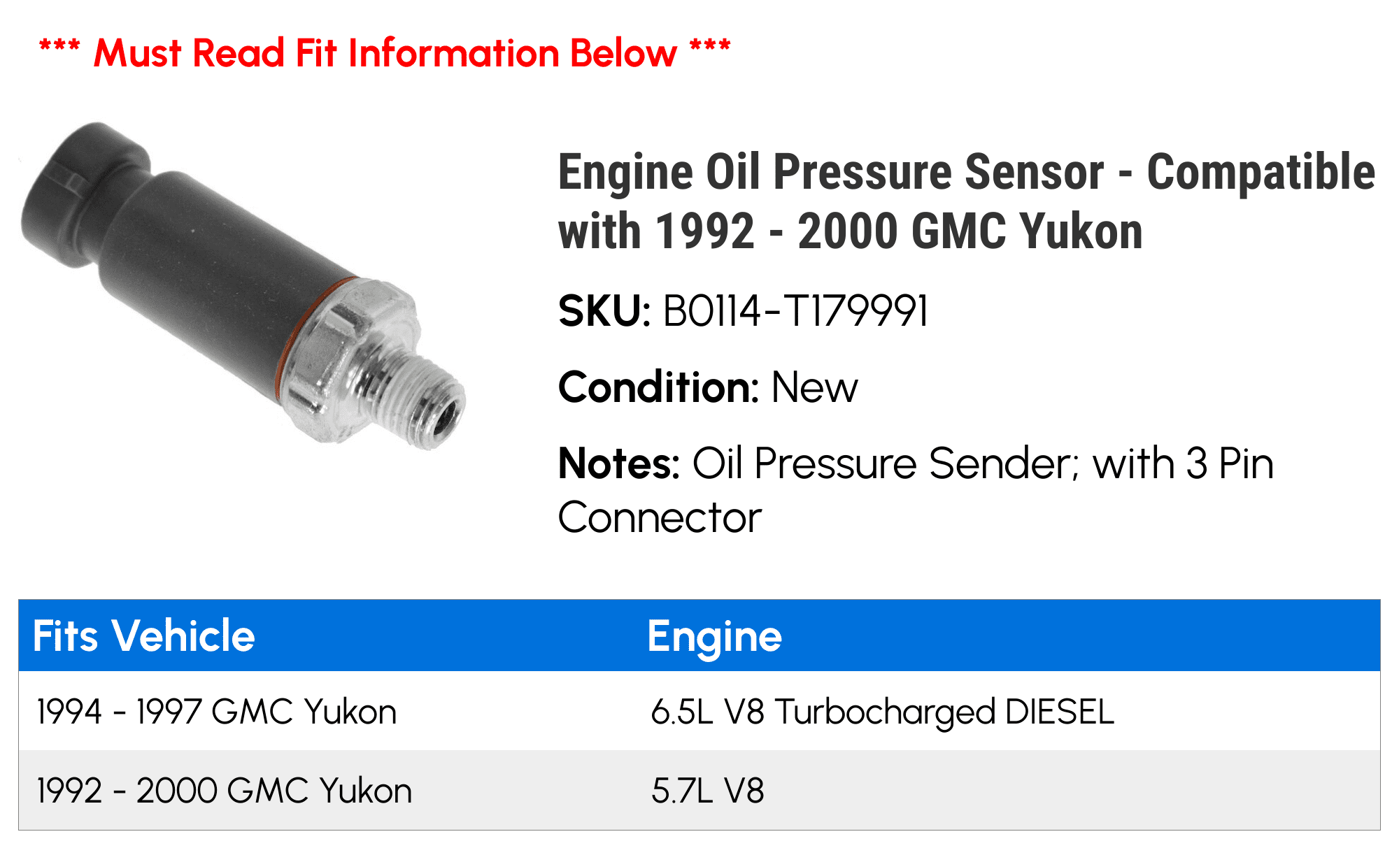 Engine Oil Pressure Sensor - Compatible with 1992 - 2000 GMC Yukon 1993 1994 1995 1996 1997 1998 1999