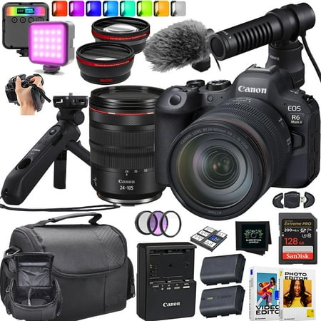 Canon EOS R6 Mark II Mirrorless + Canon RF 24-105mm f/4 L is USM Lens + Canon HG-100TBR Tripod Grip + Canon DM-E100 Directional Microphone + More (18pc Bundle)